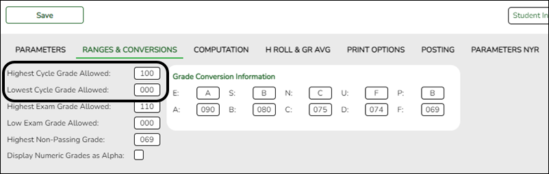 Ranges and Conversions tab with applicable fields highlighted
