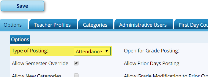 Campus TeacherPortal Options with Type of Posting field set to Attendance