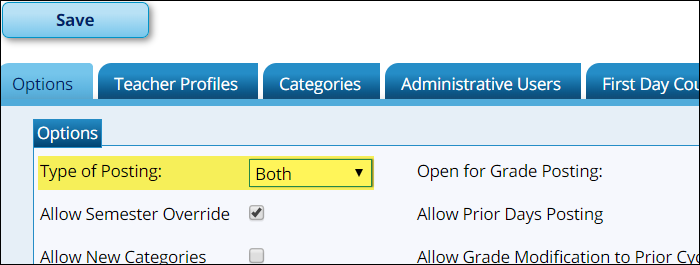 Campus TeacherPortal Options with Type of Posting field set to Both