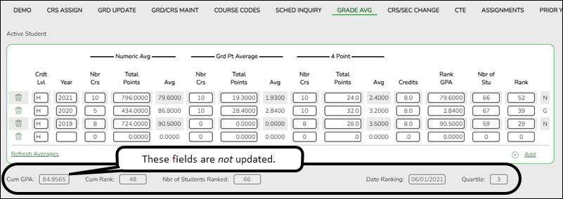 Grade Avg tab with revised grades highlighted