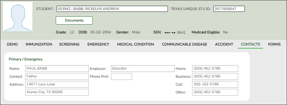 Student Health Contacts screen