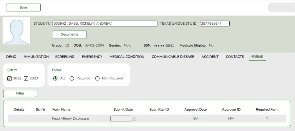Student Health Forms screen