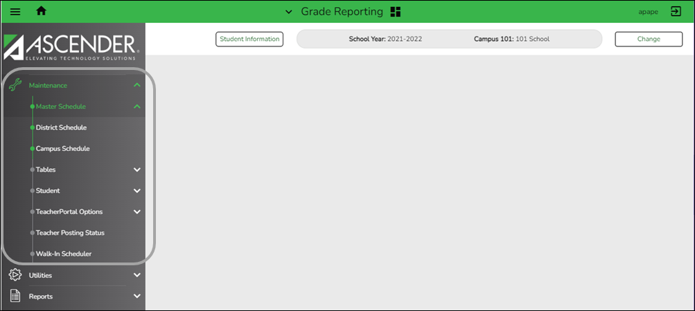 Grade Reporting Maintenance menu