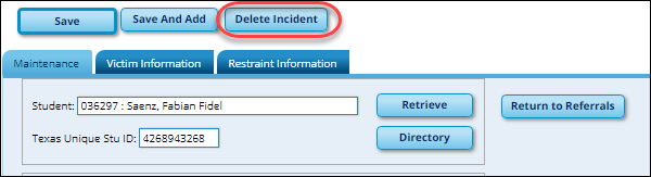 Discipline Student Maintenance page with Delete Incident button circled