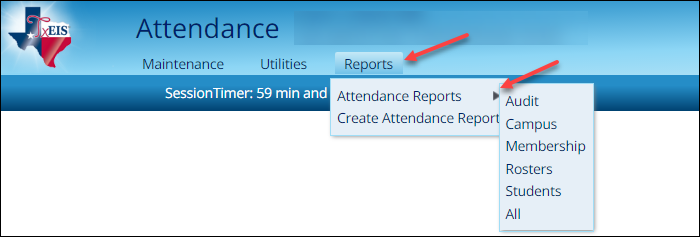 Attendance Reports menu and submenus