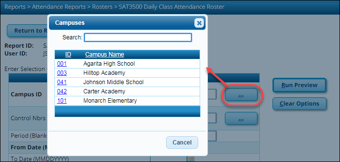 SAT3500 Report Parameter page with Campuses lookup open