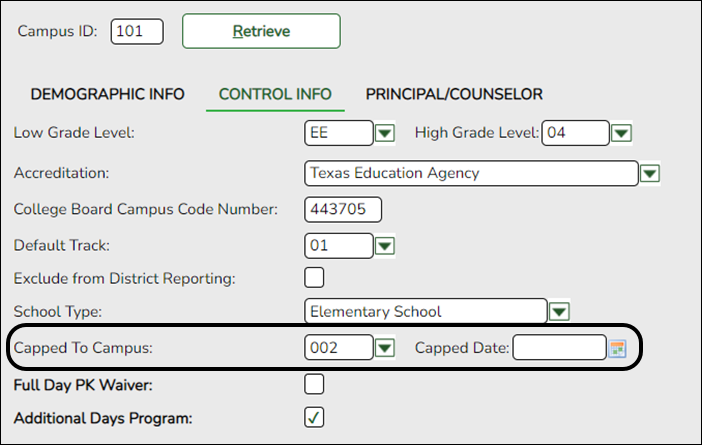 snippet of Control Info tab with Capped fields highlighted