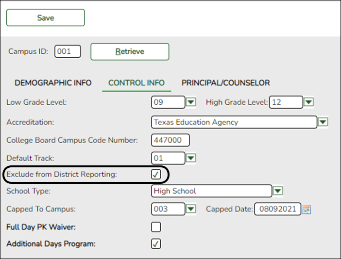 snippet of Control Info tab with Exclude form District Reporting field selected
