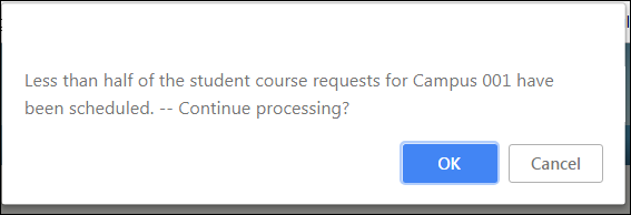 warning message displayed when fewer than half of the student course requests do not have sections and semesters assigned