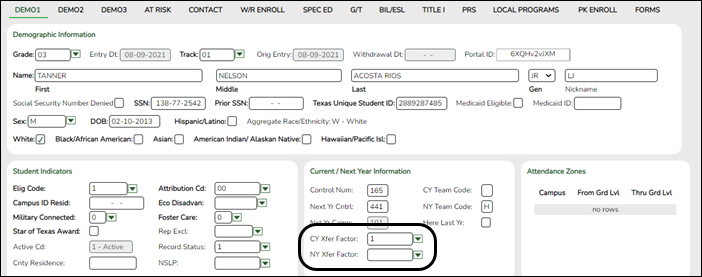 snippet of Demo1 tab showing CY and NY Transfer Factor fields