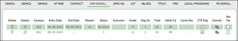 Student with No Show row on W/R Enroll tab