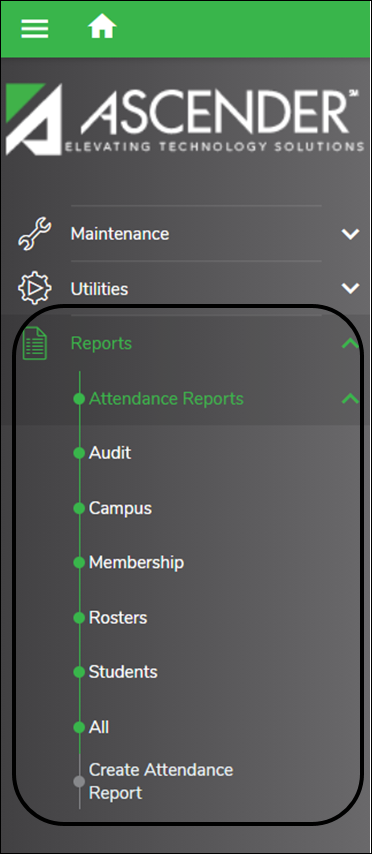 Attendance Reports menu and submenus