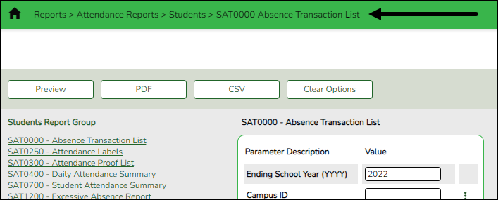 Attendance Report page with arrow pointing to breadcrumb