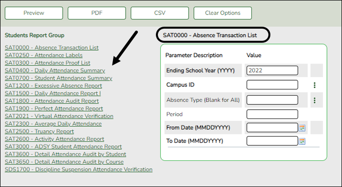 Attendance Reports Parameter page