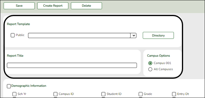 Create Discipline Report page with Report Template section circled
