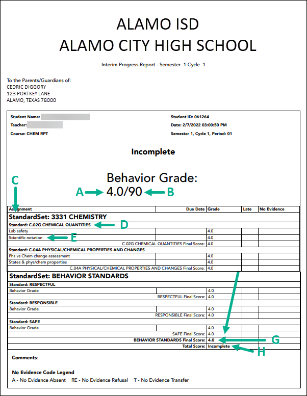 Interim Report Card with letter A-H designations