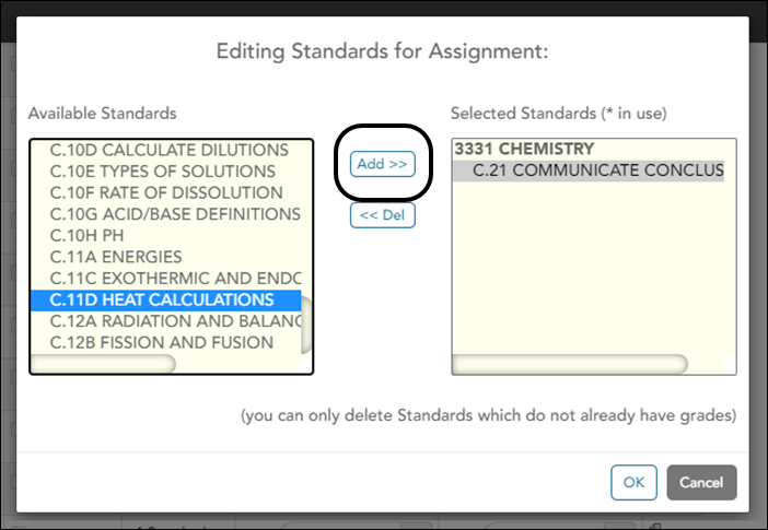 Selecting and adding new standards left and right columns