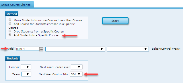 Group Course Change page showing adding a course