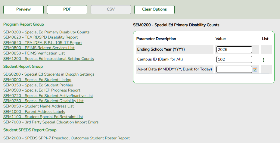 Special Ed Report Group screen showing all available reports
