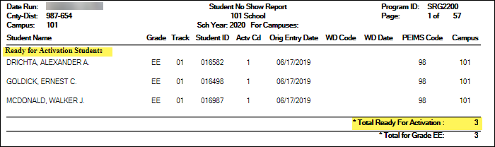 SRG2200 - Student No Show Report