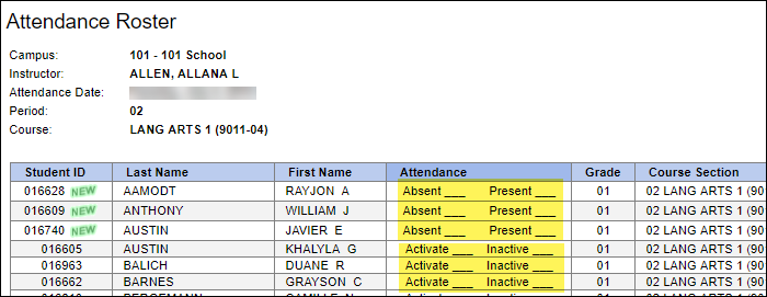 Attendance Roster showing students Activated and Not Activated