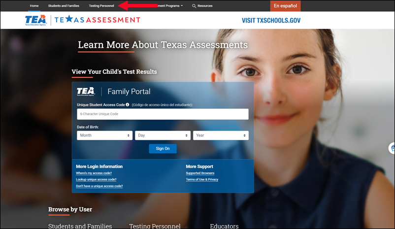 TEA Texas Assessment home screen