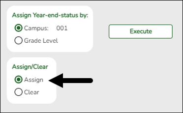 Assign or Clear Year-End-Status Code utility page with Assign selected