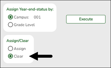 Assign or Clear Year-End-Status Code utility page with Clear selected