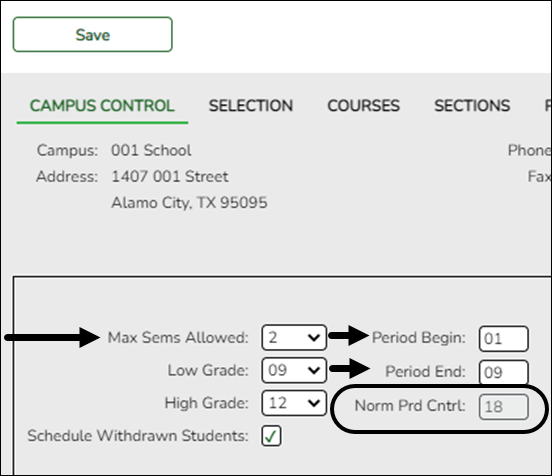 ASCENDER snippet of Campus Control tab with Norm Prd Cntrl field highlighted