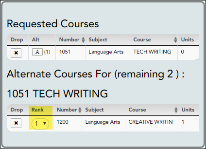 Alternate Courses For section with Rank field highlighted