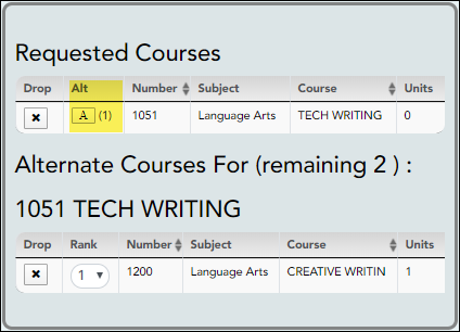 snippet of Course Request page showing Requested Course