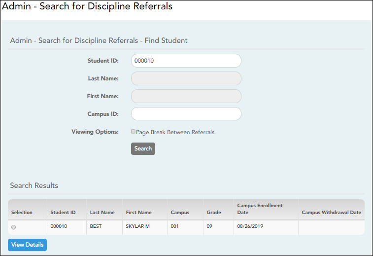 Admin - Search for Discipline Referrals page