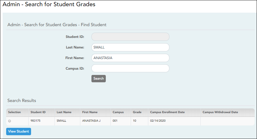 Admin Search for Student Grades