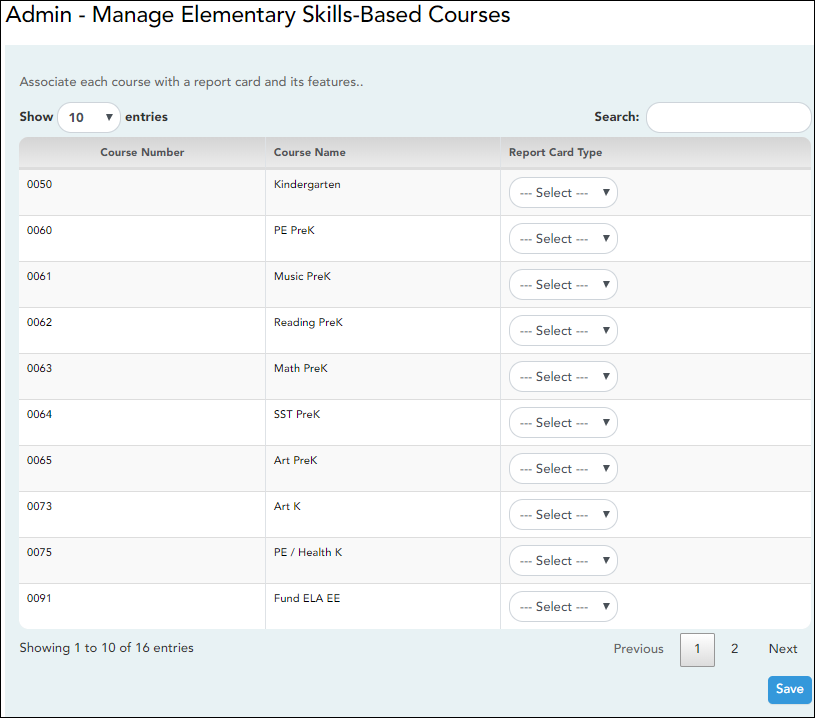 Manage Skills-Based Courses page
