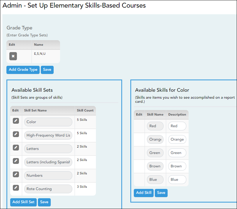 Manage Elementary Skills-Based Courses page
