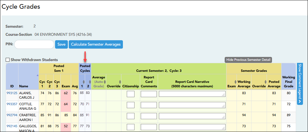 snippet of Cycle Grades page showing posted Cycle columns