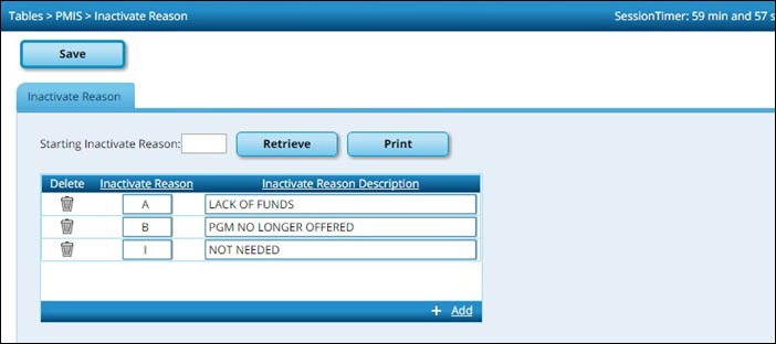 District Administration PMIS Inactivate Reason Page