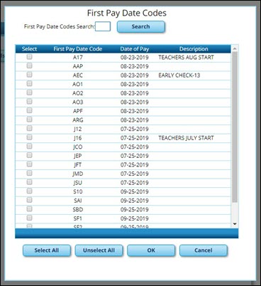 First Pay Dates Code Lookup