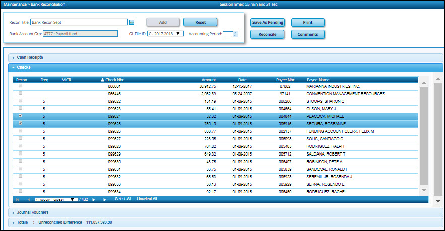 Bank Reconciliation Maintenance Page 
