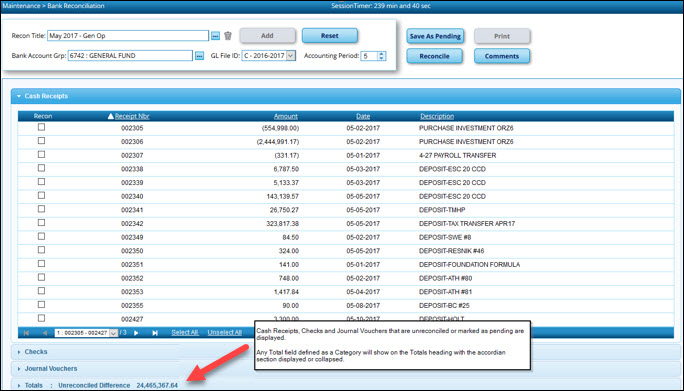 Bank Reconciliation Page