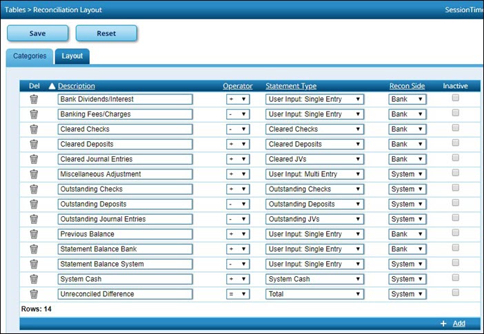 Bank Reconcilation Categories Tab