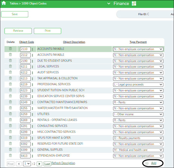 Finance 1099 Object Codes Tab