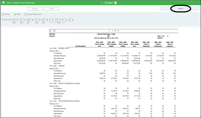 Budget Account Codes Inquiry Page