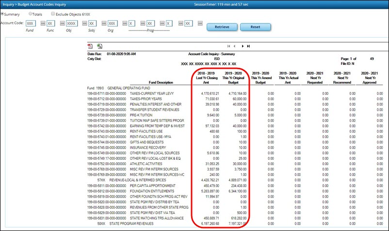 Account Code Inquiry Summary Report After Reinitialization