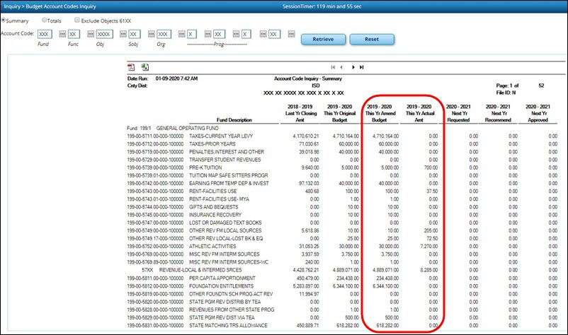 Budget Account Code Inquiry Summary After Update Budget Data