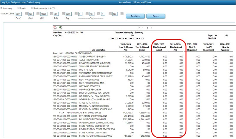 Budget Account Code Inquiry Summary Before Update Budget Data