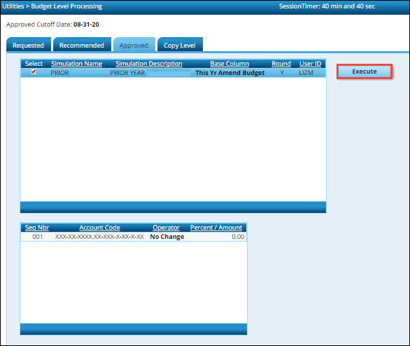 Budget Level Processing Approved Tab