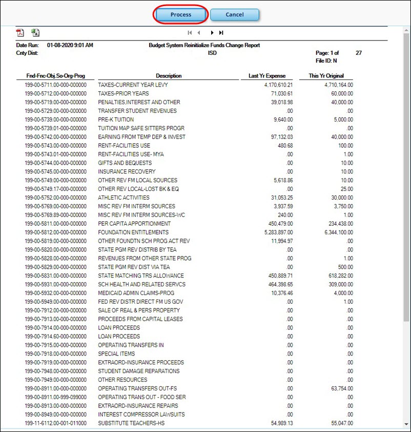 Budget System Reinitialize Funds Change Report