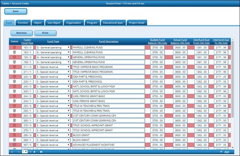 Account Codes Fund Tab