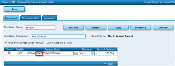 Mass Increase Decrease Account Codes Requested Tab